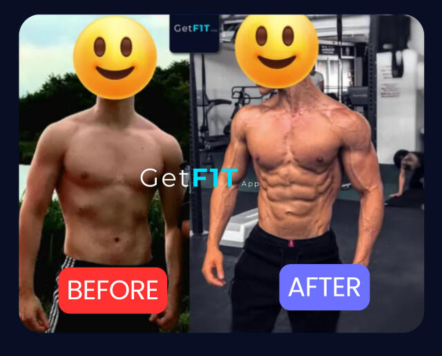 Shredded body transformation from skinny to muscular before and after with GetFIT App